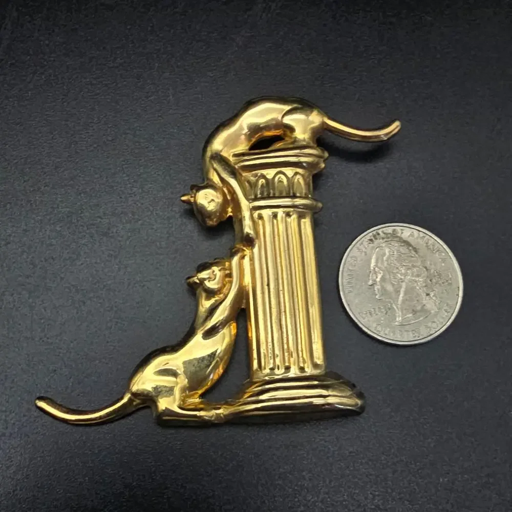 Gold Tone Cat on Pedestal Brooch Vintage Costume Jewelry